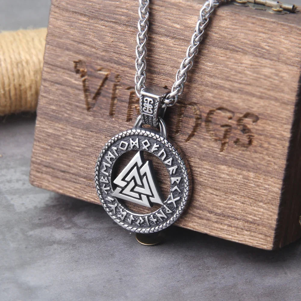 Valknut pendant featuring the iconic symbol surrounded by Elder Futhark runes.