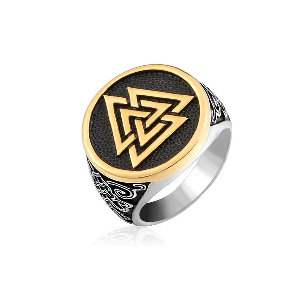 Valknut ring featuring intricate engravings of the Valknut symbol and Web of Wyrd, crafted for durability and versatility in stainless steel.