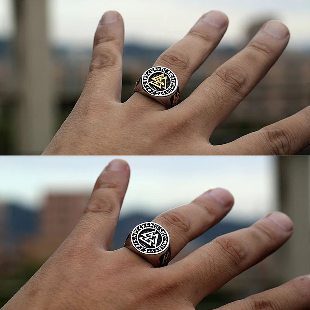 Mixed silver and gold Valknut ring with Elder Futhark runes and Web of Wyrd engravings, offering a rich, mystical appearance.