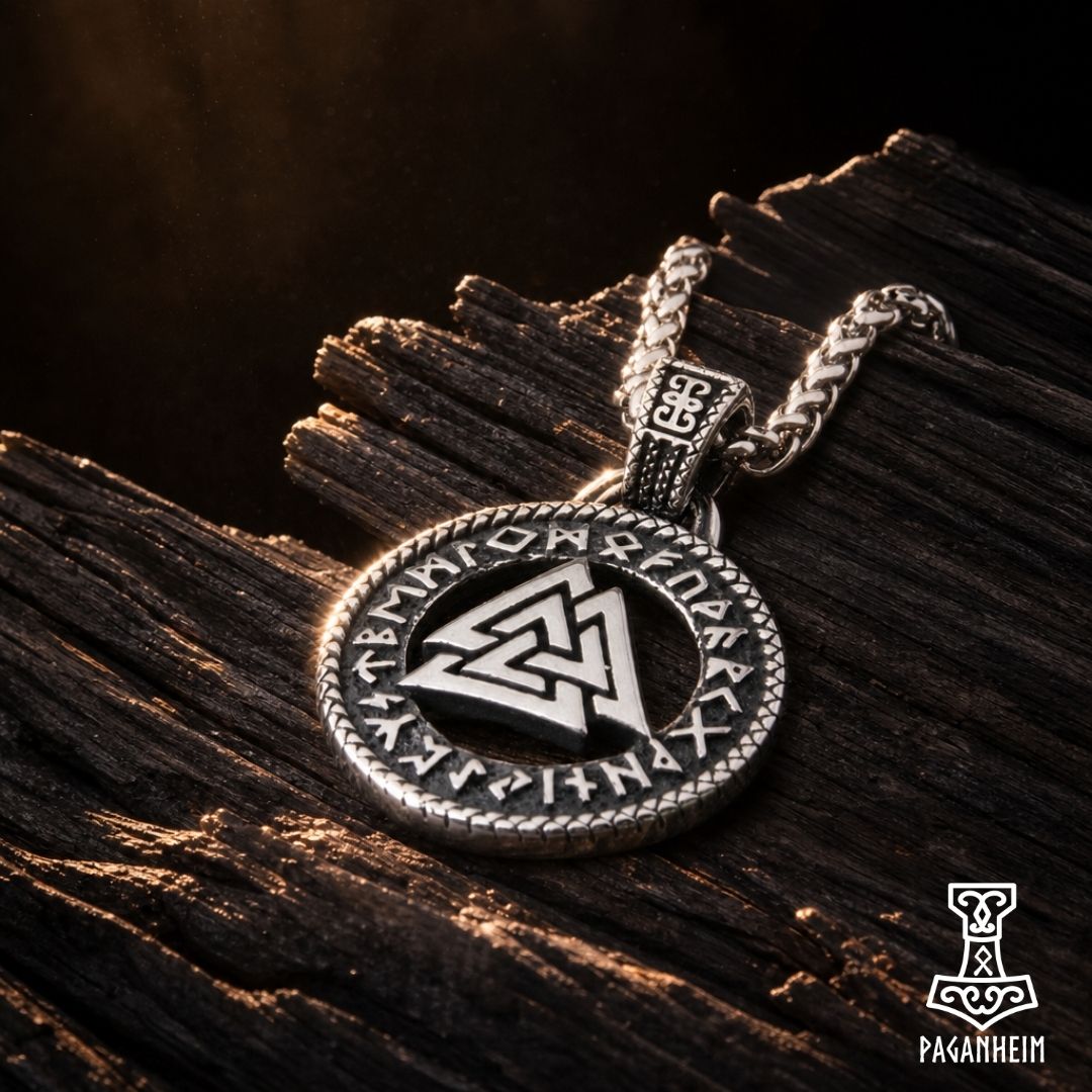 A silver-toned Norse Viking pendant necklace with a Valknut symbol and runic inscription, resting on a textured dark wood surface with dramatic warm lighting.