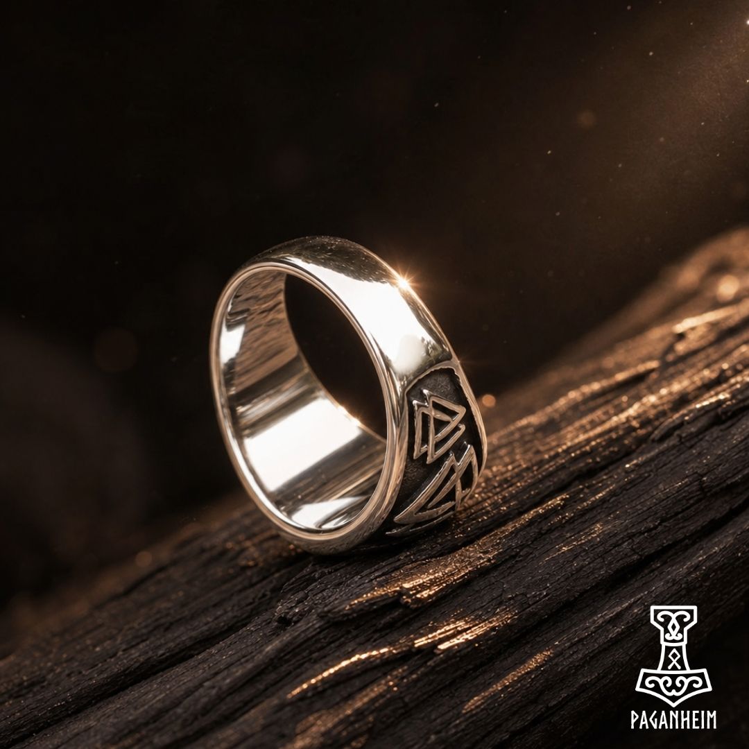 Stainless steel ring featuring Ægishjálmr Helm of Awe symbol