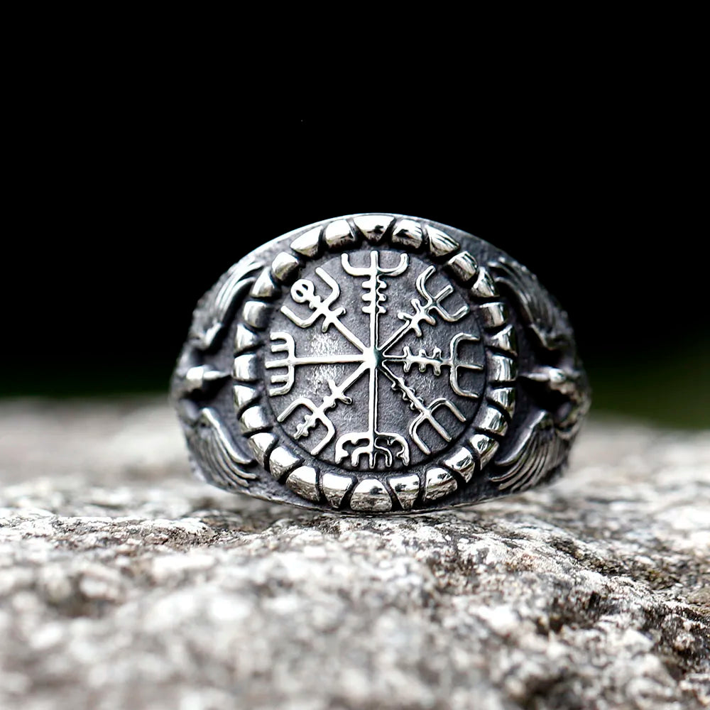 Viking-inspired ring featuring Vegvísir and eagle designs