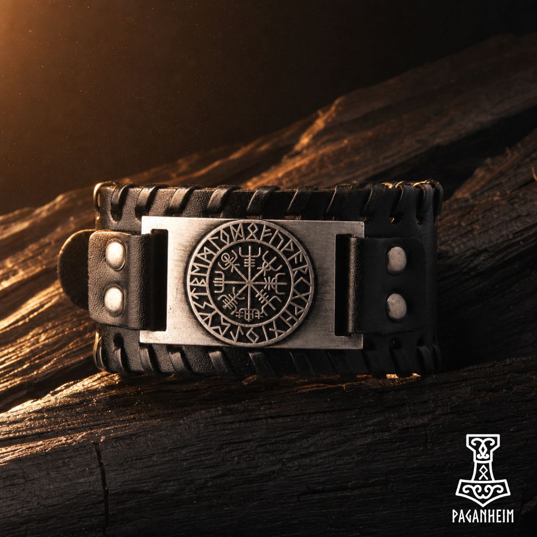 Leather bracelet featuring Vegvísir symbol and Elder Futhark runes on metal plate.