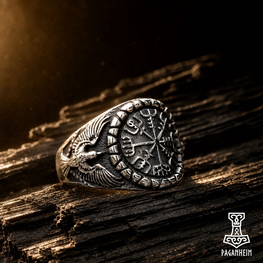 Stainless steel ring featuring Vegvísir Viking compass design