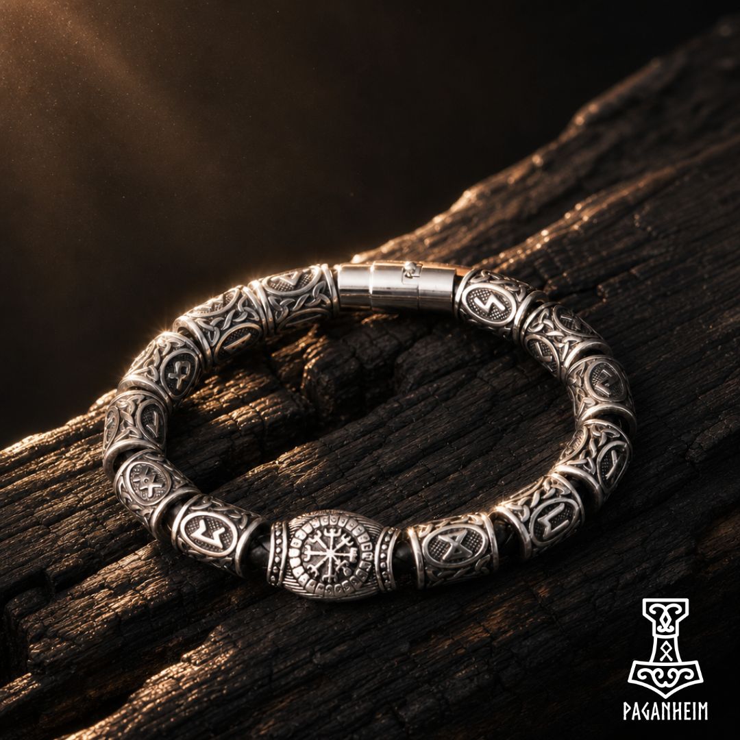Silver bead bracelet engraved with Elder Futhark runes.