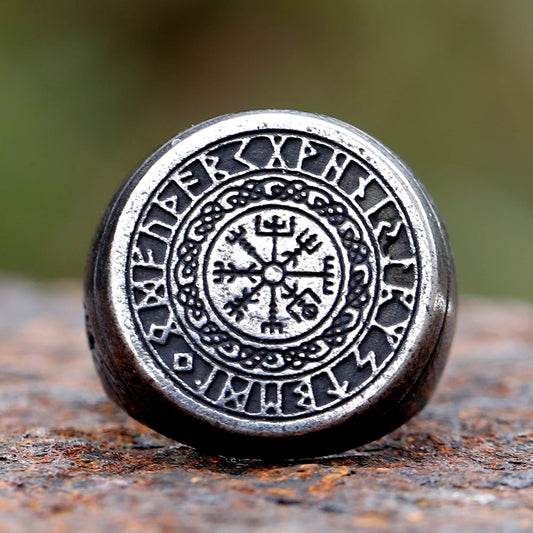Norse Icelandic ring engraved with the Vegvisir symbol, surrounded by Elder Futhark runes.