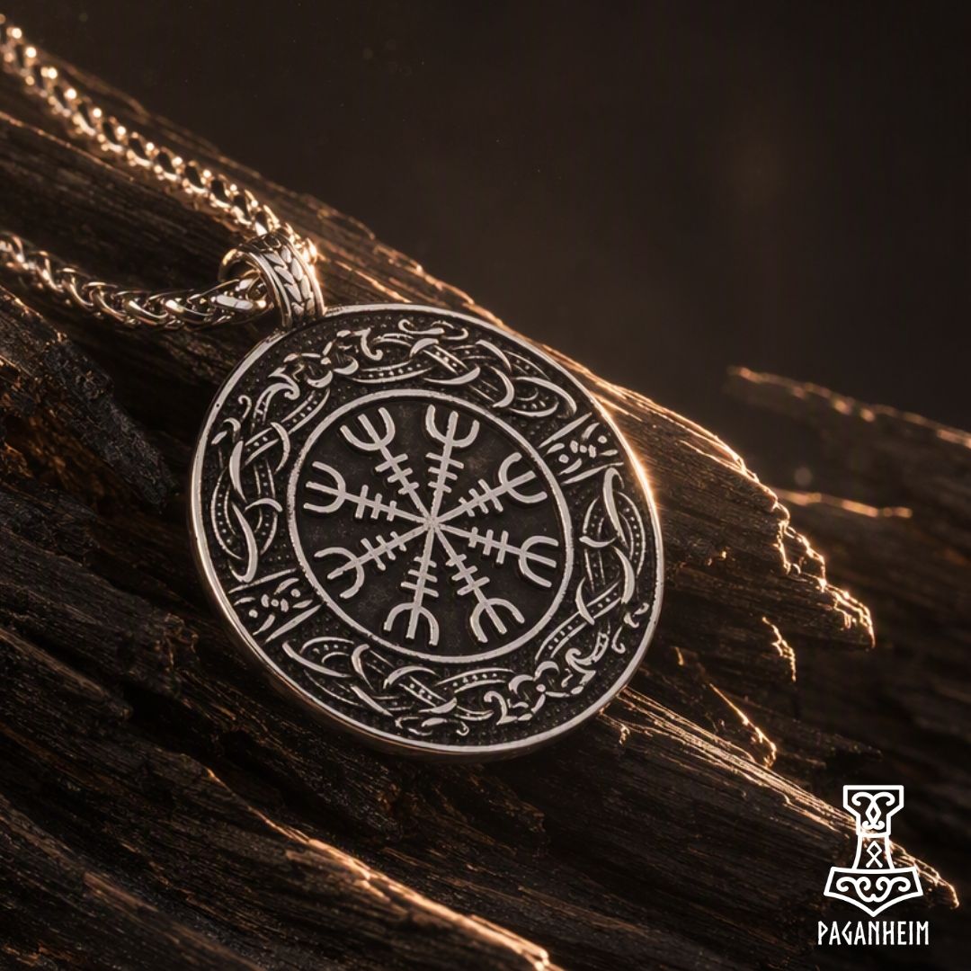 Closeup of Ægishjálmr pendant highlighting fine detailing and polished finish