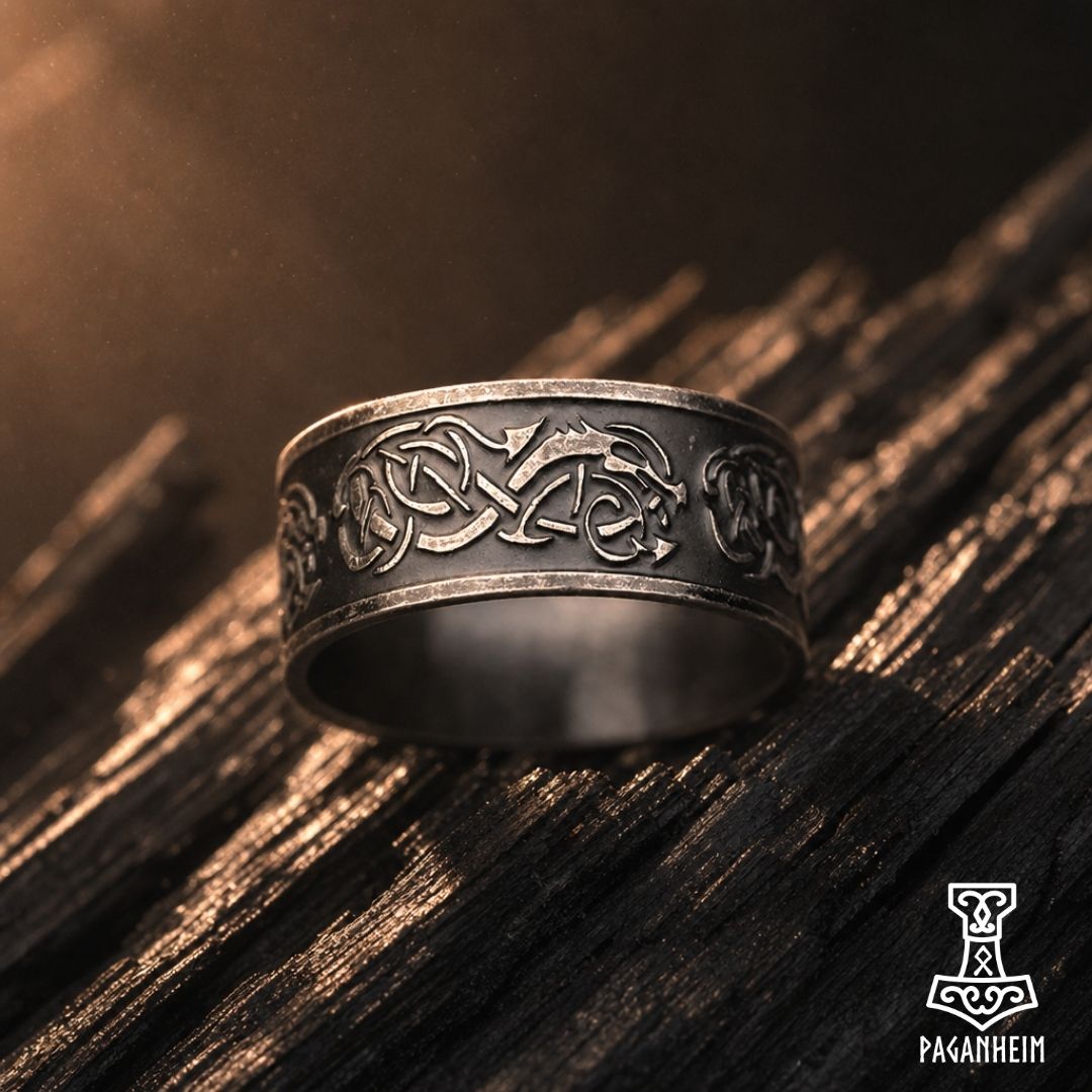 Darkened band engraved with Viking‑age interlace and stylised beast forms