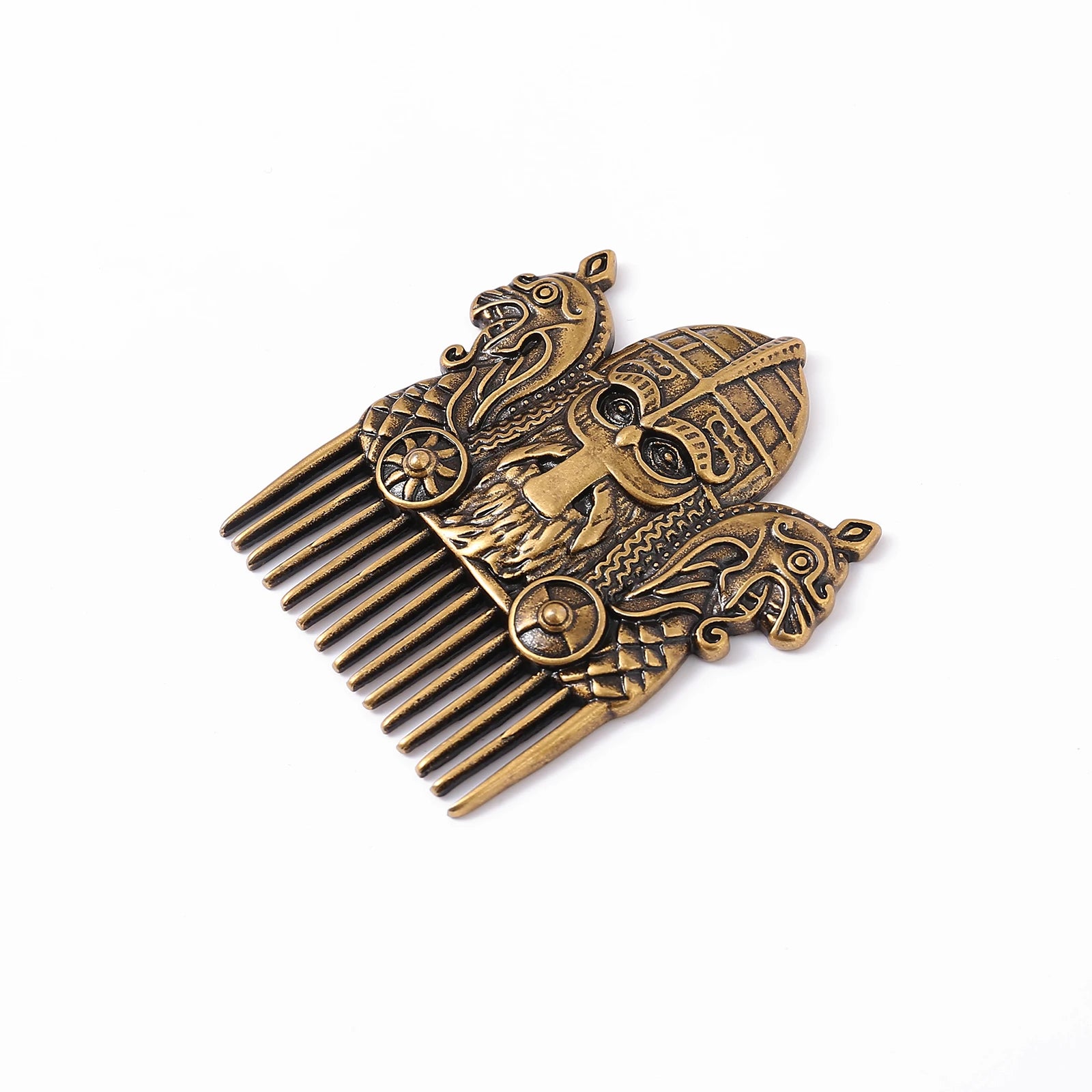 Viking dragon head hair comb with Vendel-period inspired helmet.