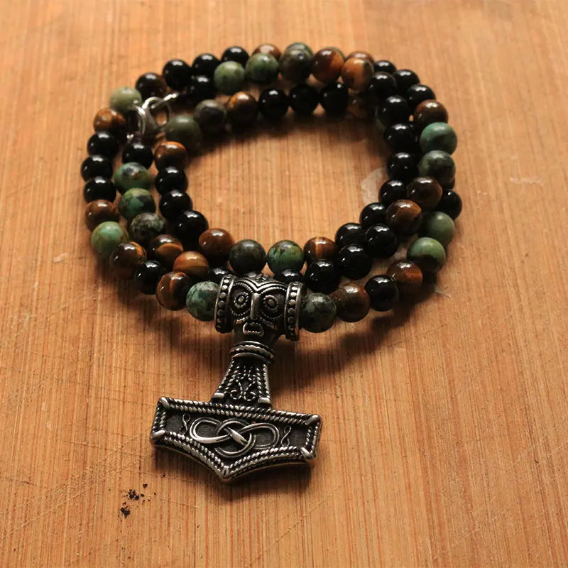 Viking necklace featuring Mjölnir or Gungnir pendants with unique natural gemstone bead cord.