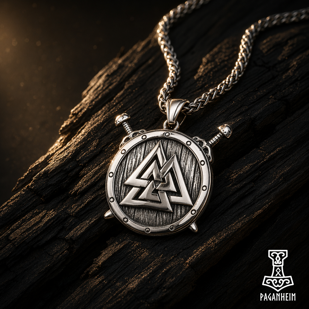 Silver Valknut pendant on a dark wooden surface with 'Paganheim' branding.