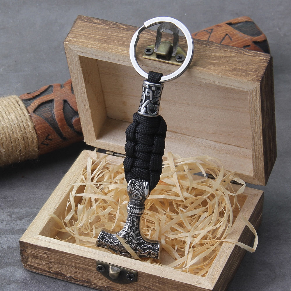 Mjölnir Paracord Bead Keychain - Mammen Art Viking Thor's Hammer 0 The Pagan Trader Full Silver  