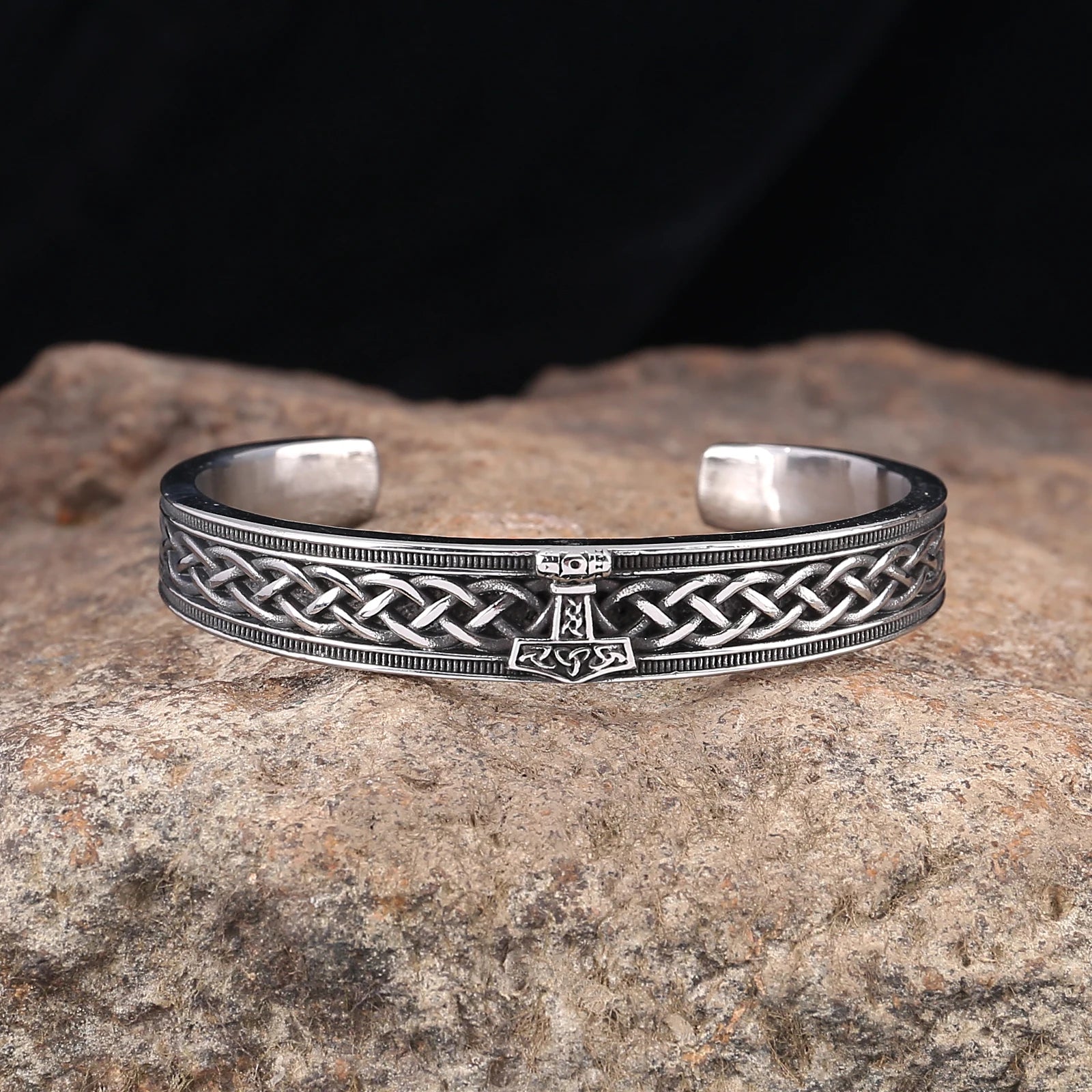 Stainless steel bracelet with Norse Web of Wyrd engraving and Mjölnir front detail.