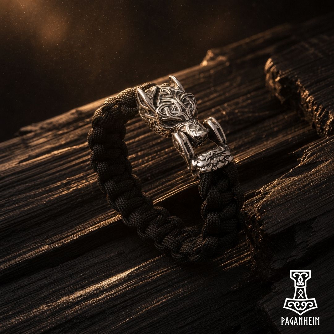 Norse‑inspired bracelet featuring wolf head clasp and woven paracord band