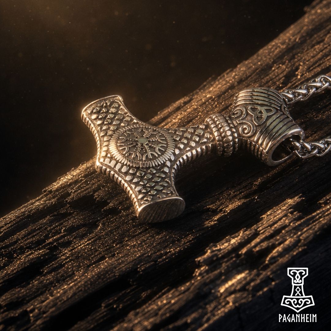 An ornate silver-toned metal pendant shaped like a Viking hammer, resting on a textured dark wooden surface with dramatic warm lighting. The pendant features intricate engraved patterns and a chain extending to the right.