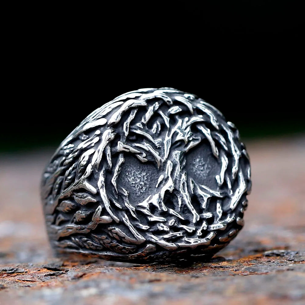 Detailed view of Tree of Life ring with Norse symbolism