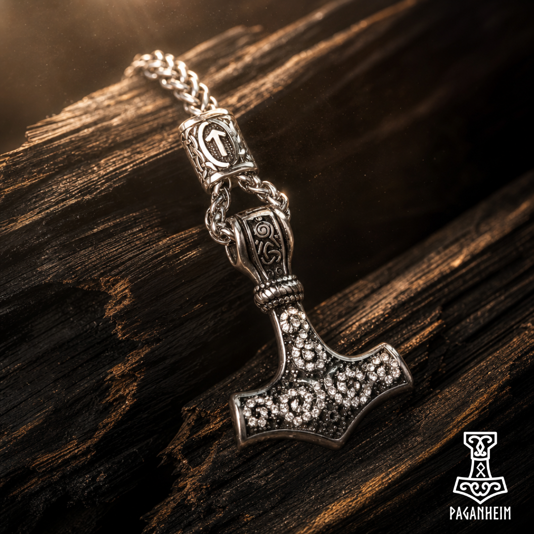 Norse hammer amulet with Tiwaz and Othala runes on bead