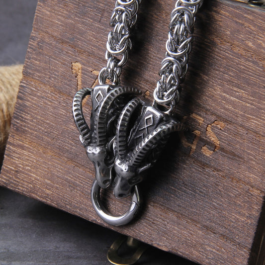 Viking Mythology Inspired Goat Head Necklace with Othala Rune Engravings.