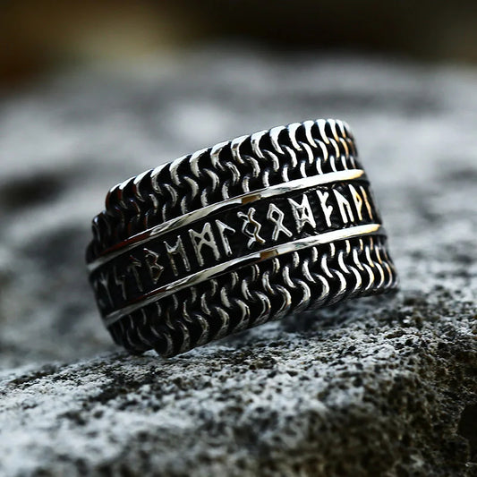 Viking ring with elder futhark runes, evoking ancient Norse culture and symbolism