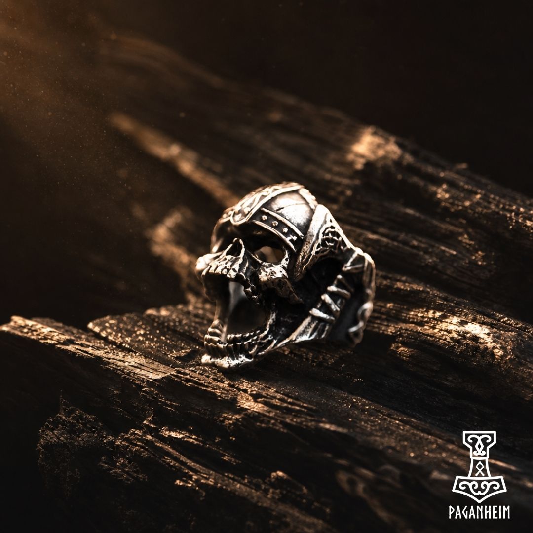 Stainless steel ring featuring sculpted skull with Norse helmet and engraved battle axes