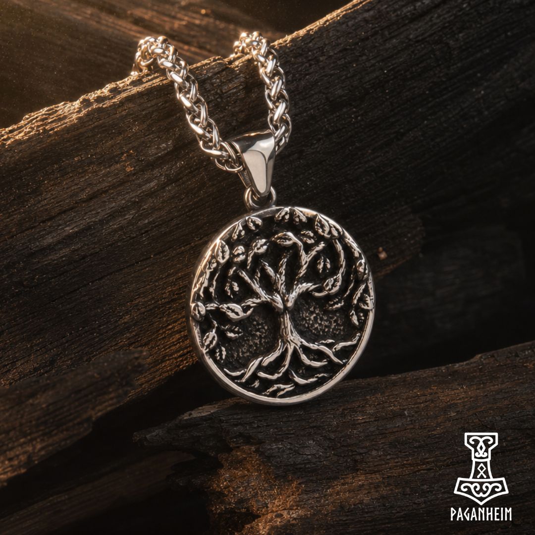Closeup of Mimir’s Tree necklace showing engraved branches and circular frame