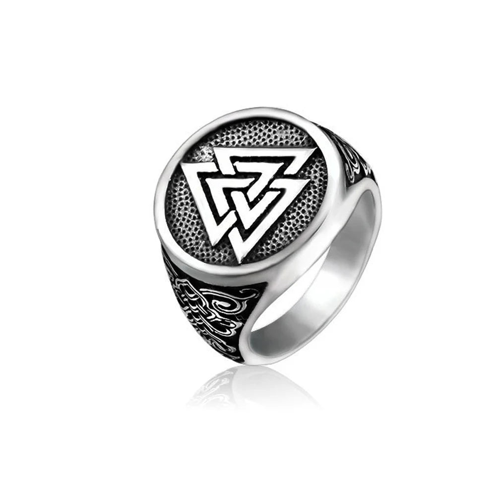 Valknut ring crafted from high-quality stainless steel, featuring the powerful Valknut symbol and intricate Web of Wyrd patterns.