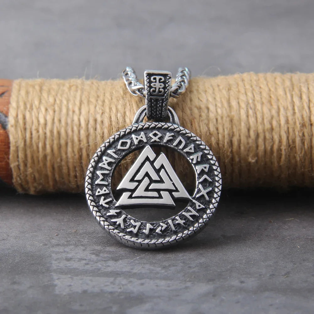 Norse Valknut pendant encircled by Elder Futhark runes, crafted with attention to detail.