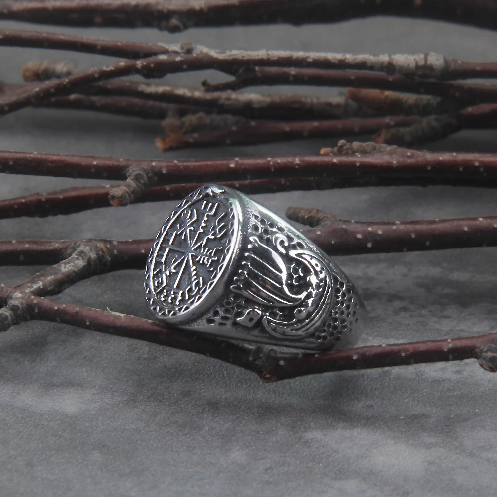 Handmade ring with Vegvisir symbol and Viking longship.