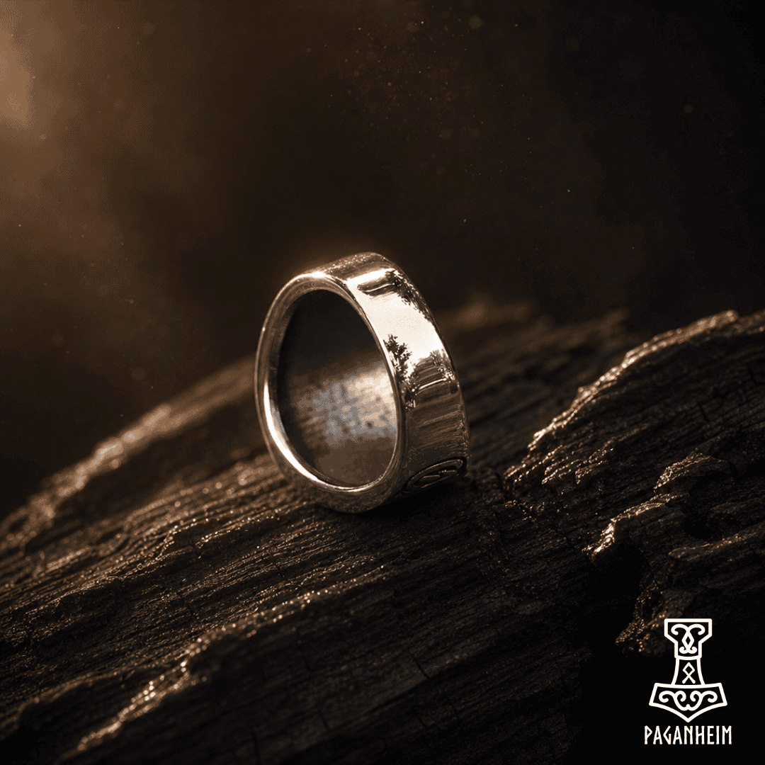 Norse‑inspired ring featuring Vegvísir symbol and knotwork engraving