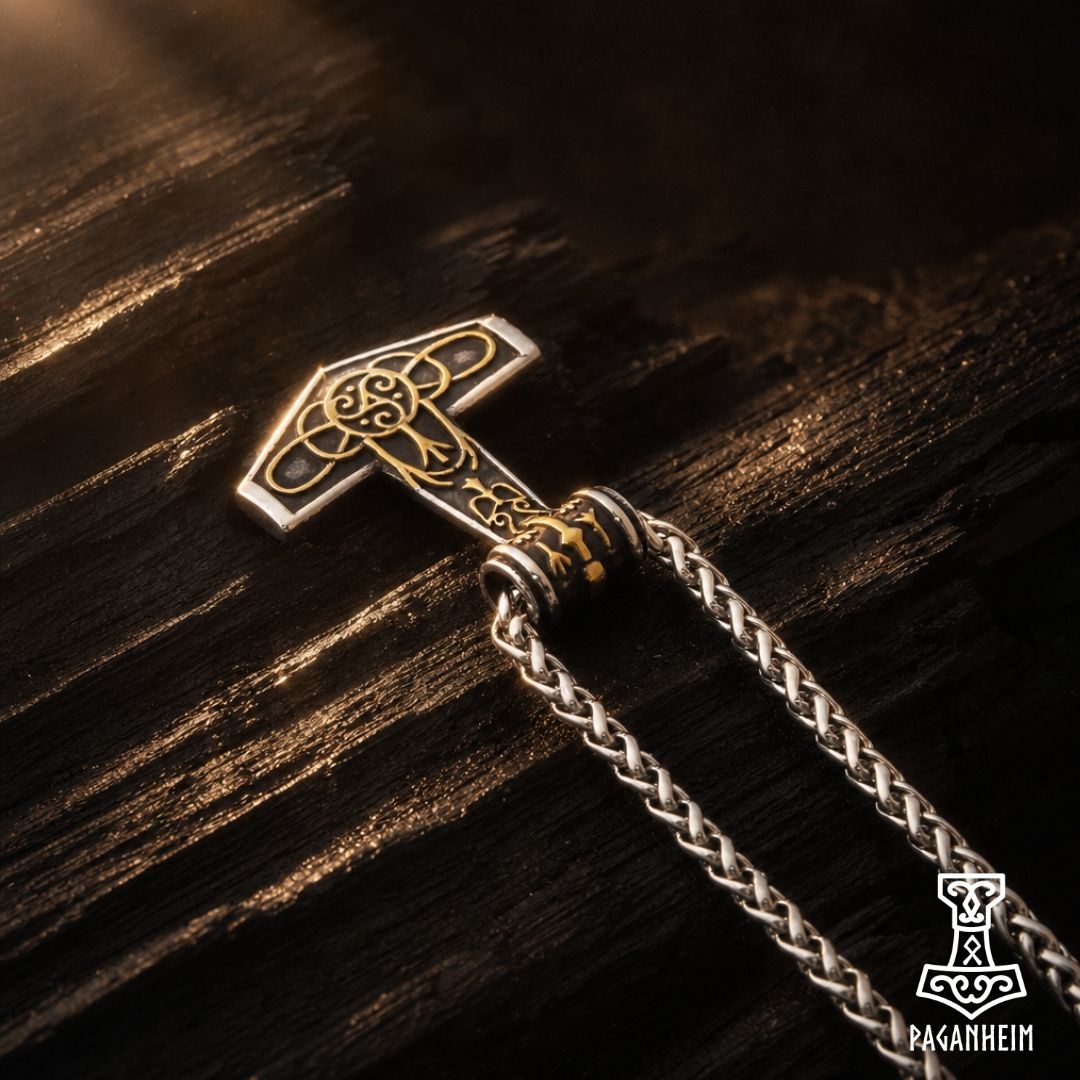 Norse Mjölnir necklace with engraved patterns and polished finish