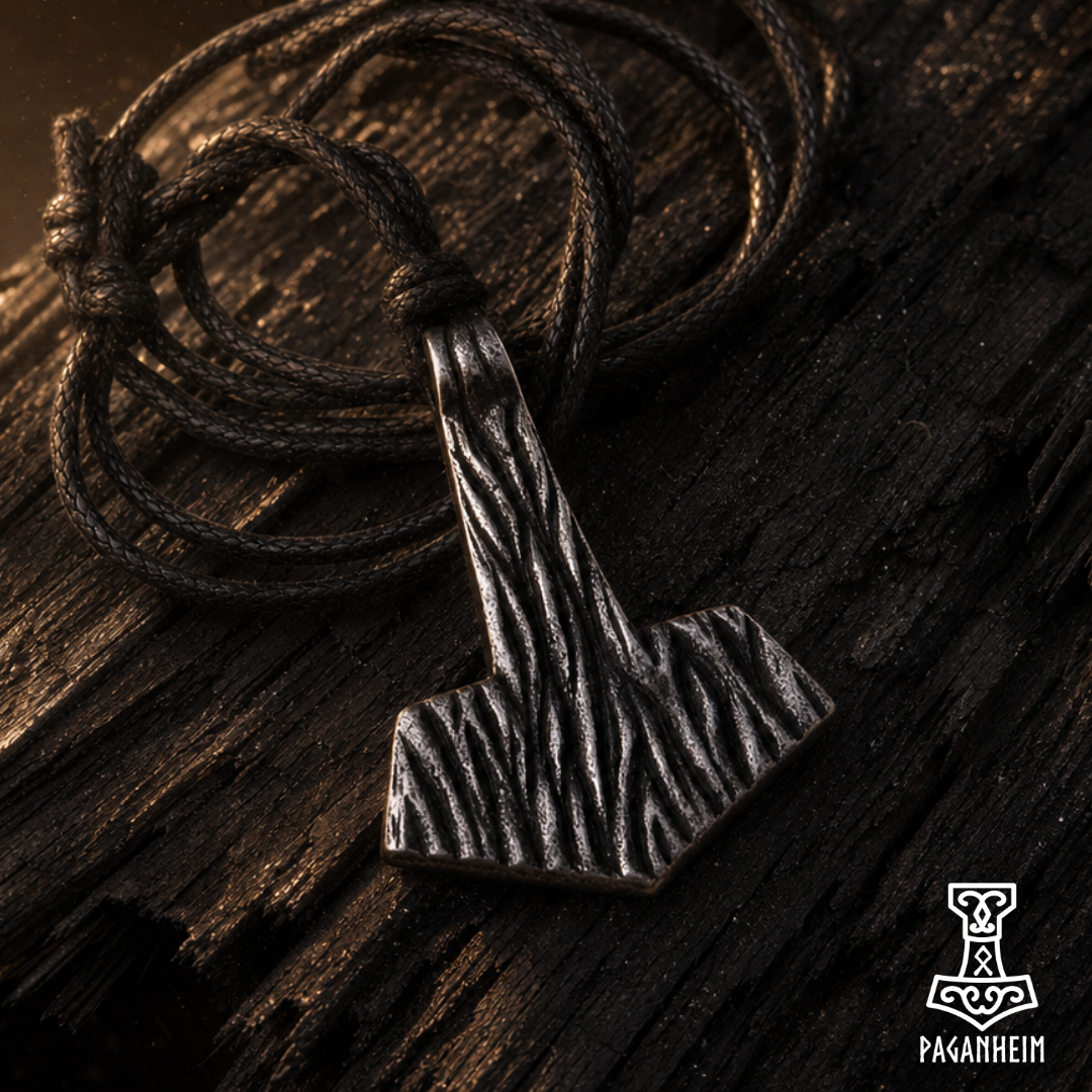 Pendant shaped like Thor’s hammer with wind‑worn texture resting on dark wood