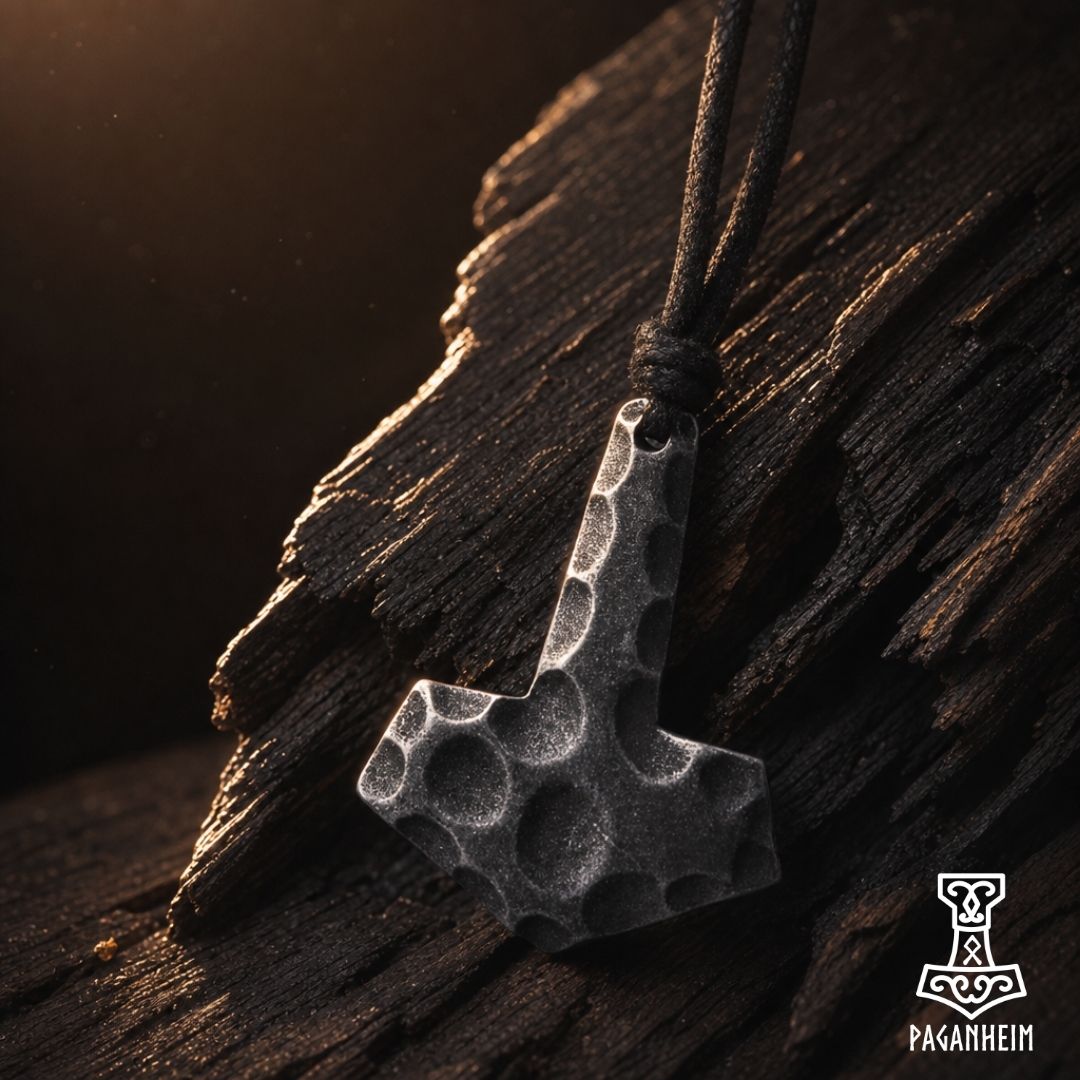 Closeup of rugged Mjölnir necklace showing cratered surface and matte finish