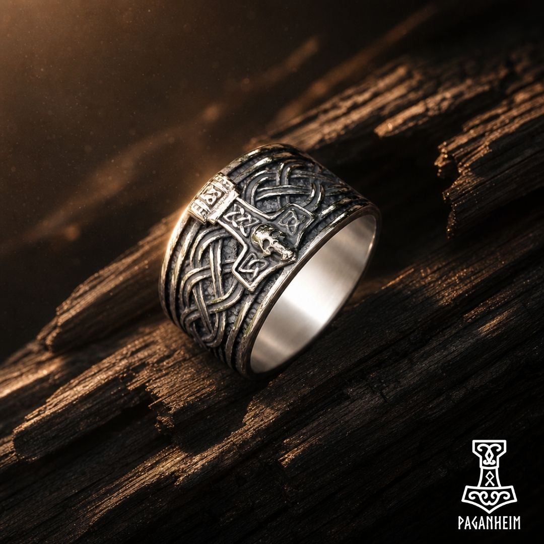 Closeup of metal ring showing detailed Mjölnir engraving and textured band