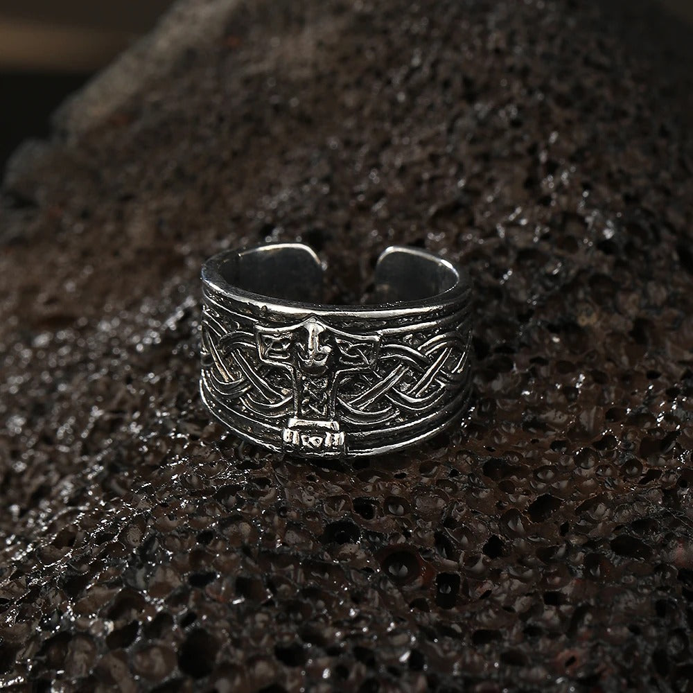 adjustable norse germanic ring stylised with a mjolnir sigil and web of wyrd