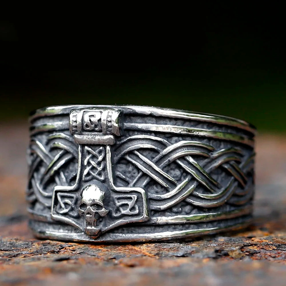 Detailed view of Web of Wyrd engraving on Mjölnir ring band