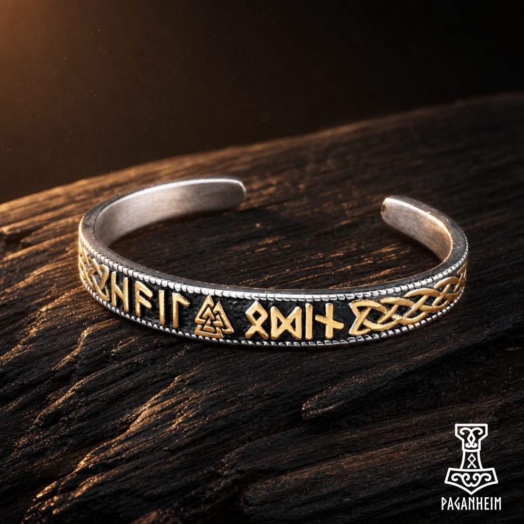 Bangle with Web of Wyrd and Valknut symbols in gold.