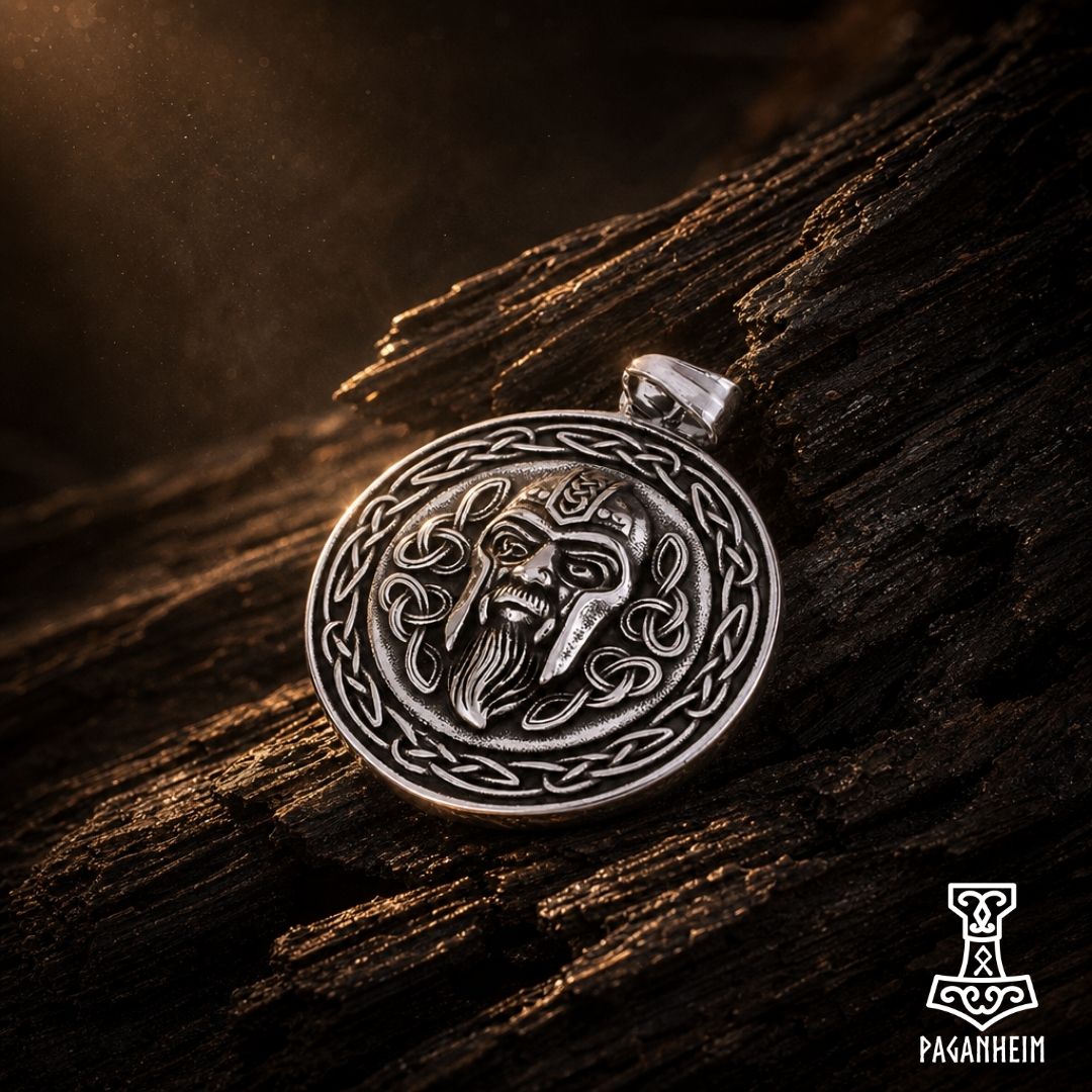 Norse Odin pendant with Web of Wyrd symbol on helmet