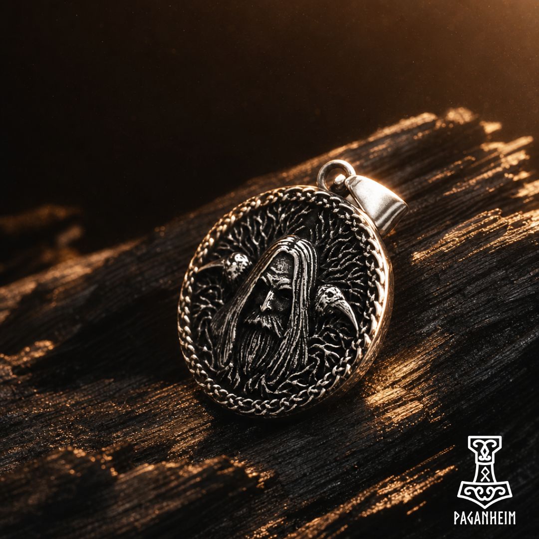 Pendant featuring engraved Woden with ravens Hugin and Munin