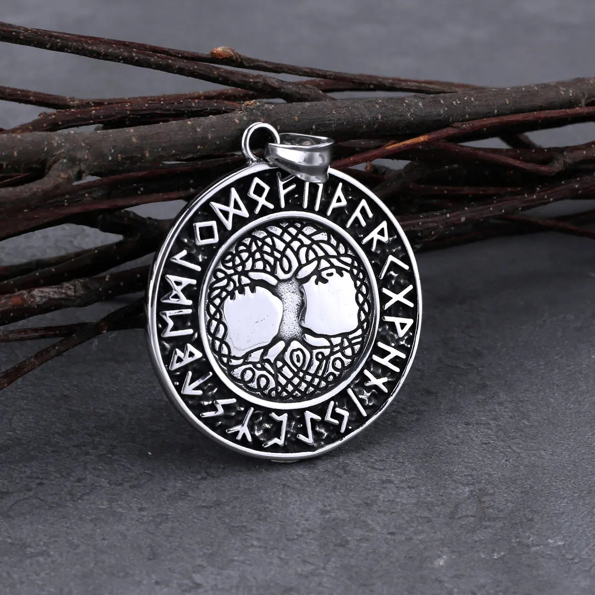 Elder Futhark rune amulet with Yggdrasil World Tree