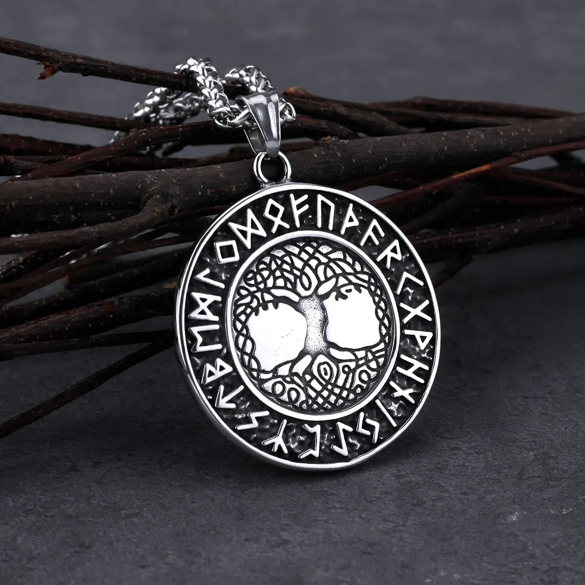 Amulet featuring Yggdrasil and Elder Futhark runes in stainless steel