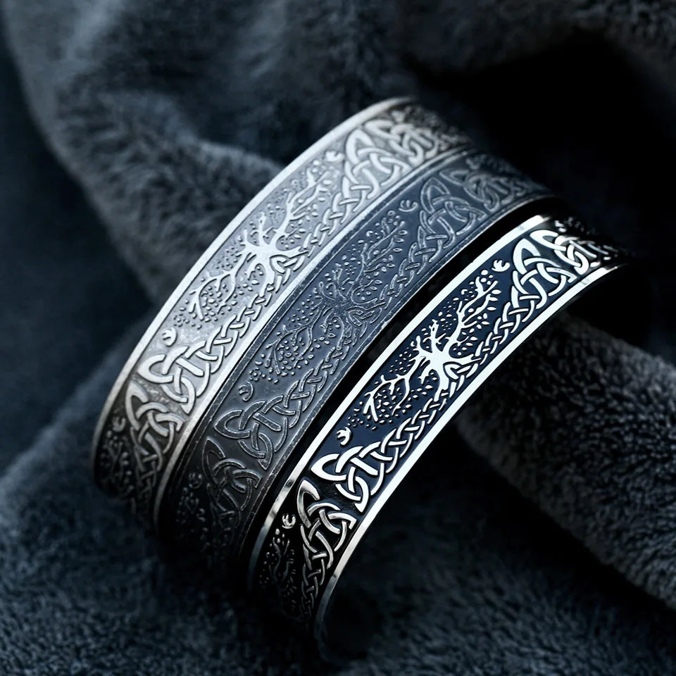 Front view of Yggdrasil and Celtic knot engraved bangle