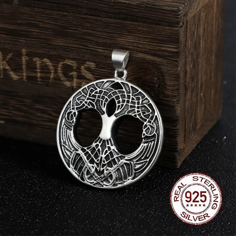 Norse-inspired necklace with Yggdrasil design and intricate geometric patterns.