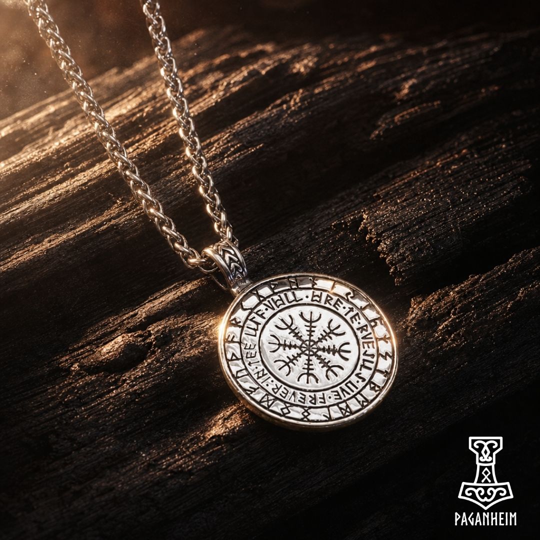 Closeup of Niddrasil amulet with tree and serpent design in gold and silver tones.
