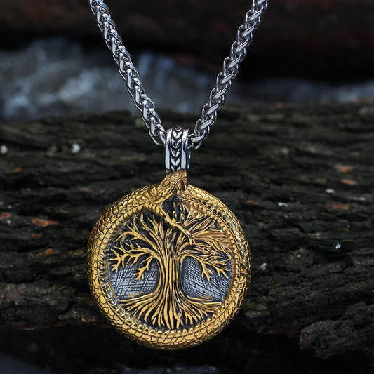 Front view of the 'Niddrasil' Amulet, an enchanting blend of Yggdrasil and Nidhogg symbolism.