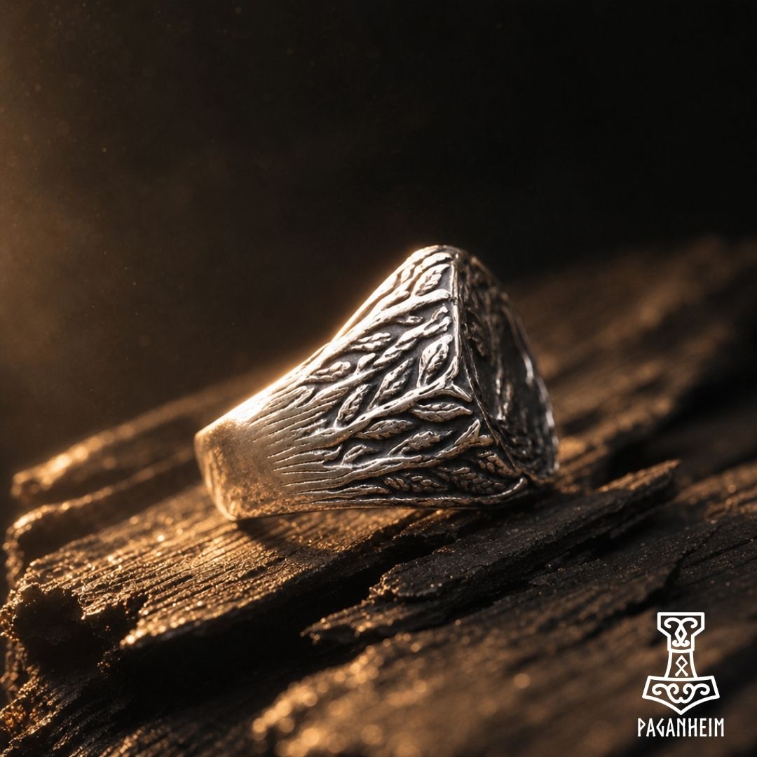 Closeup of Norse World Tree ring showing intricate metalwork