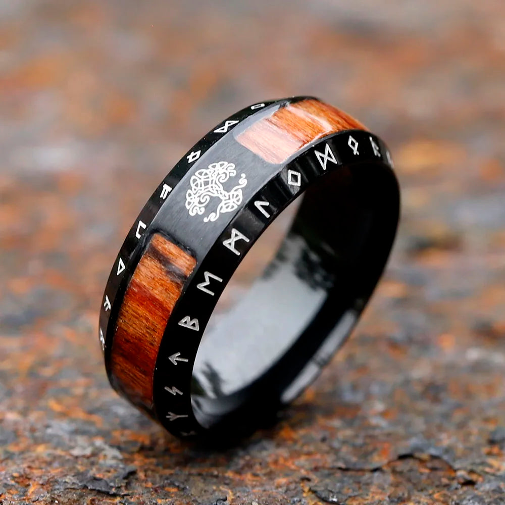 Viking-inspired ring showcasing World Tree and runic symbols