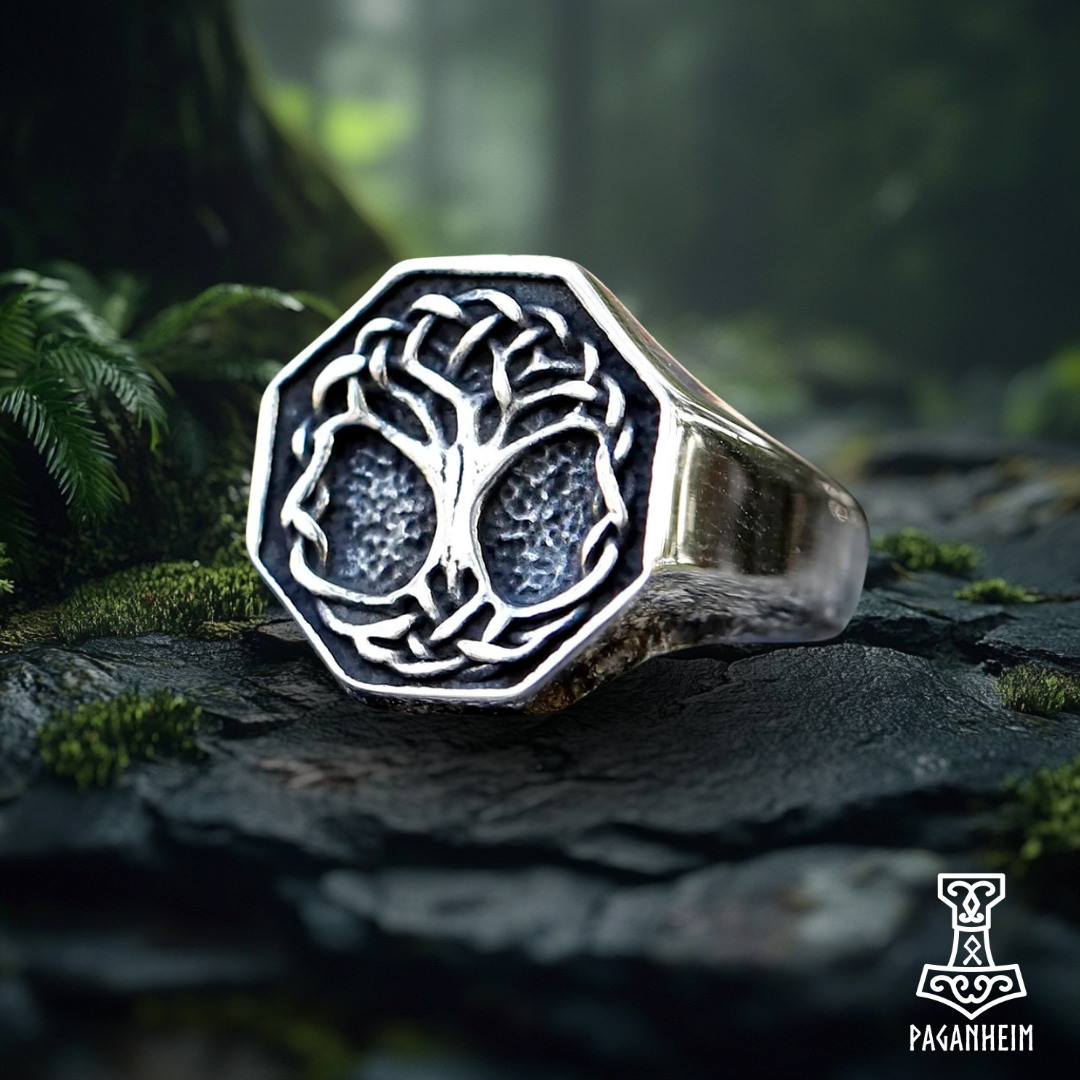 Square-crown Yggdrasil ring with Tree of Life etched in Norse and Celtic art style.