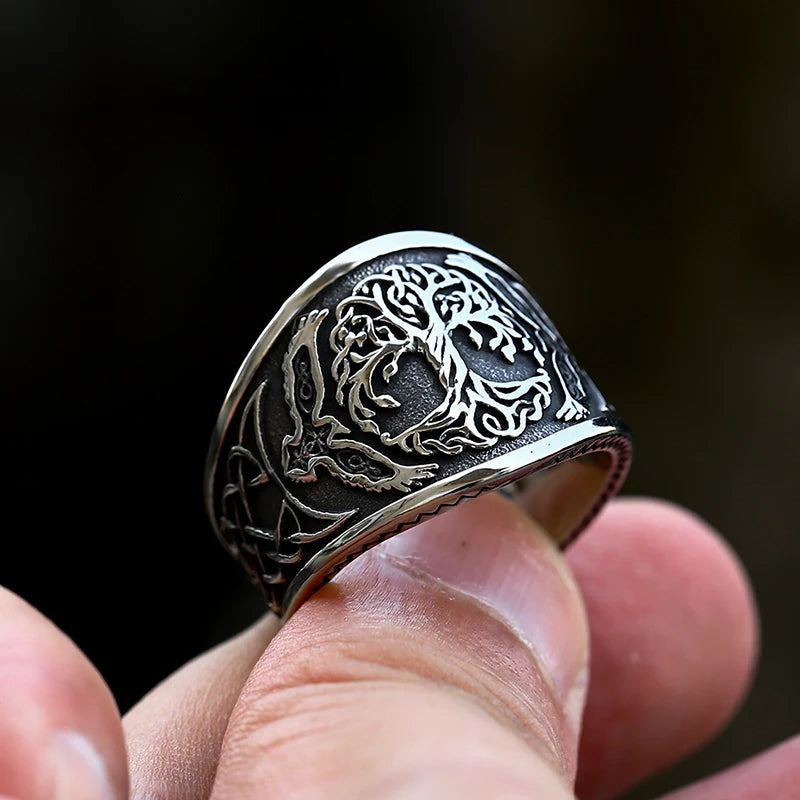 Norse-inspired ring showcasing Yggdrasil and eagles for strength and balance.