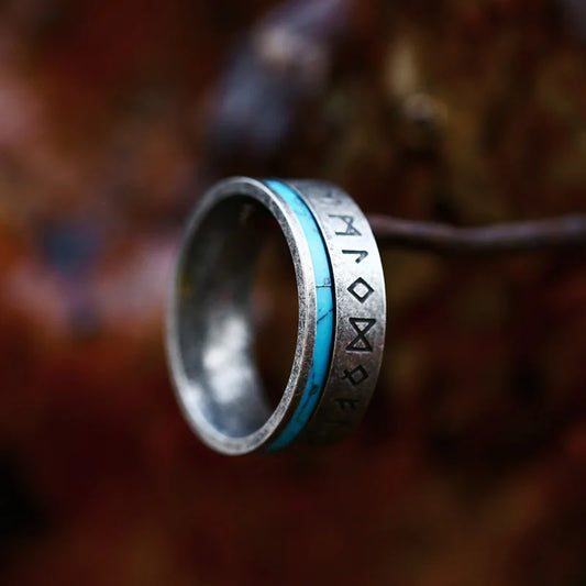 "Blue Viking Rune Ring with Elder Futhark Engravings, Norse Pagan Jewelry" - Celebrate Norse heritage with this rune-adorned ring, featuring Elder Futhark symbols and a striking blue rim
